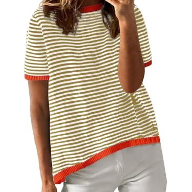 Imagem de Camisa feminina de verão, blusas listradas, casual, gola redonda, manga curta, túnicas coloridas, Dourado, P