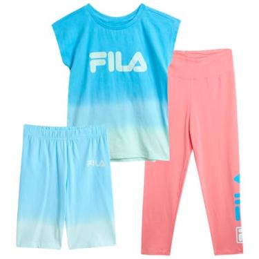 Imagem de Fila Conjunto de leggings esportivas para meninas - camiseta de desempenho de 3 peças, calças de ioga e shorts de bicicleta - conjunto esportivo para meninas (P-GG), Aquário/rosa, P