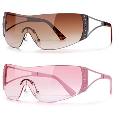 Imagem de DQbhzh Óculos de sol Y2K para mulheres e homens, óculos de sol grandes, sem aro, futurista, anos 2000, óculos de sol para festa rave, óculos escuros legais, Marrom degradê, rosa, 77mm