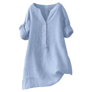 Imagem de Camiseta de linho feminina Henley cor sólida manga longa plus size túnica verão sair, Azul-celeste, 5G