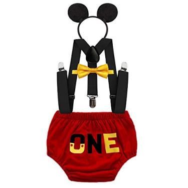 Imagem de IZKIZF Conjunto de roupas para fantasia de chá de bebê, 1º aniversário, bolo esmagador de fotos, suspensório de gravata borboleta, faixa de cabeça, conjunto de roupas com 4 peças, 002 Vermelho, 6-12