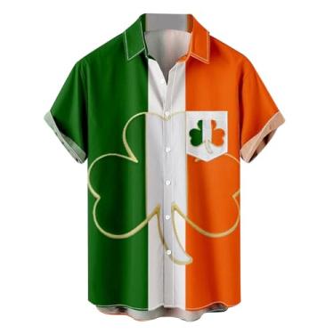 Imagem de Camisetas masculinas divertidas do Dia de São Patrício Green Clover Saint Pattys Day Bowling de manga curta com botões, 013-laranja, G