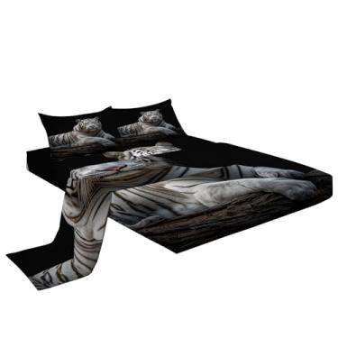 Imagem de Eojctoy Jogo de cama Queen com estampa de tigre branco Bengala, microfibra supermacia, 4 peças, 1 lençol com elástico e 1 lençol com 2 fronhas, 40 cm de profundidade para quarto de crianças e adultos