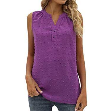 Imagem de Camiseta regata feminina de verão sem mangas de chiffon casual 2024 Swizz Dot Loose Dressy V Neck Work Shirt, Roxo, M