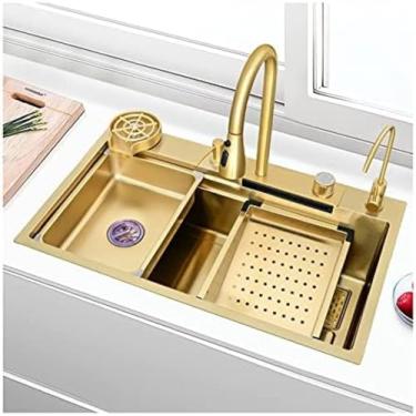 Imagem de Pia de cachoeira nano preta com lavadora de copo de vidro para estação de trabalho pia de cozinha casa de fazenda com torneira removível combo de aço inoxidável tigela única barra de utilidade para