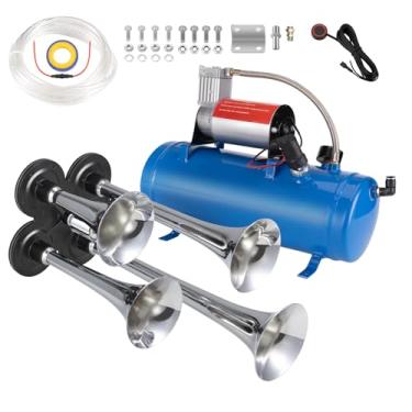 Imagem de BANHAO Kit de buzinas de trem para caminhões 12 V 180 dB buzina de ar de caminhão super alto com tanque de compressor de ar de 1,6 galão 150 PSI para carro, Jeep SUV, trem, embarcação e outros