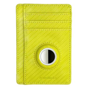 Imagem de Acme Basics Porta-cartões minimalista com porta-AirTag embutido, carteira de couro fina com bloqueio de RFID para homens e mulheres, Amarelo, Cartões de 2 lados com suporte para AirTag