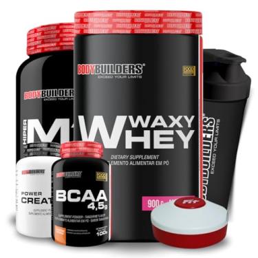Imagem de Kit Waxy Whey Morango 900g + Amazing Mass Morango 1,5kg + BCAA 4,5g 100g Tangerina + Creatina Tangerina 100g + Coqueteleira + Porta Cáps - Bodybuilders