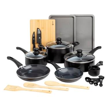 Imagem de Conjunto de panelas e panelas para lava-louças Ecolution, fácil de limpar, antiaderentes, com panela de biscoito e utensílios de cozinha de madeira de bambu, Preto, 20pc Cookware Set, 1