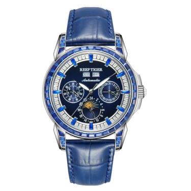 Imagem de REEF TIGER Relógio masculino automático mecânico com moldura de cristal de luxo e fases da lua, relógio clássico com pulseira de couro luminoso RGA1805, RGA1988-YLLLD, Moderno