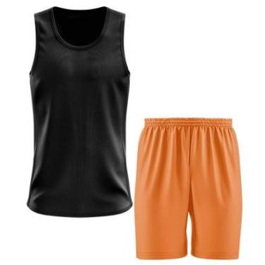 Imagem de Kit Calção Short Futebol Basquete Laranja + Regata Masculina Lisa Básica Dry-Masculino