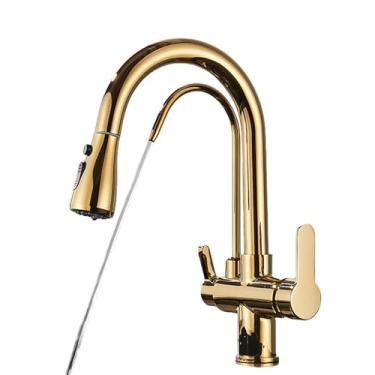 Imagem de Torneira com filtro de água, torneiras de cozinha, torneira com filtro de alça dupla, misturador, rotação de 360 graus, torneiras com recurso de purificação de água, polimento dourado