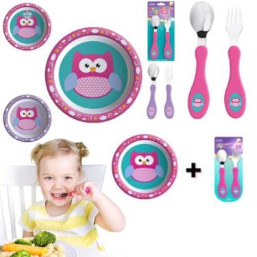 Imagem de Conjunto de Talher Tigela Infantil Garfo Colher Inox para Alimentação 