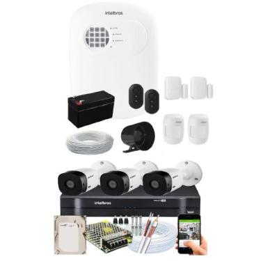 Imagem de Kit Alarme Residencial c/ 4 Sensor Via App E Kit Cftv 3 Câmeras Intelb