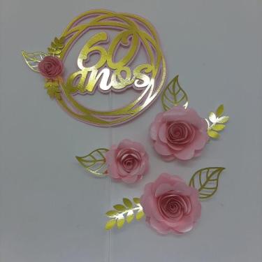 Imagem de Topo de Bolo Flores 60 anos rosa - MIWL ART