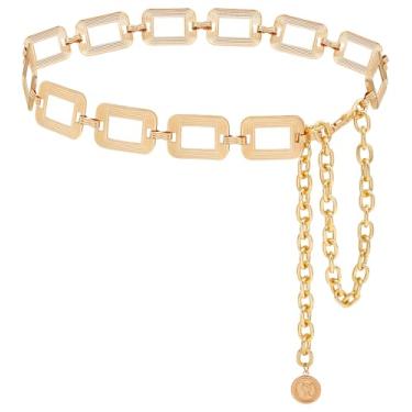 Imagem de LIMHOO Corrente de cintura de metal para mulheres cinto de barriga para colete social jeans, Ouro quadrado, L: Length 135cm/53.1in