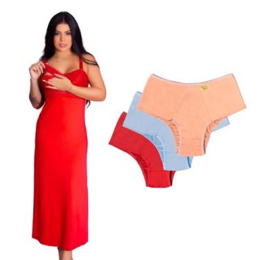 Imagem de Kit Camisola Longa Amamentação Com Recorte Lateral Sensual + 3 Calcinh