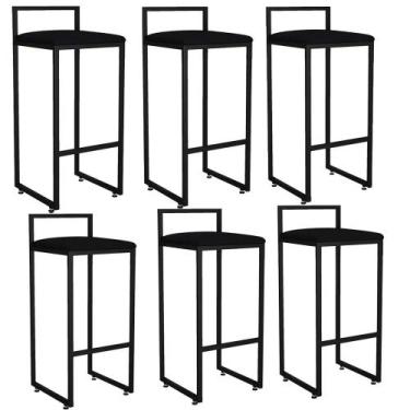 Imagem de Kit 06 Banqueta Alta Industrial 0,63 cm Metal Preto Suede Preto - Vall