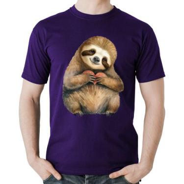 Imagem de Camiseta Algodão Bicho Preguiça Coração - Foca na Moda, Roxo, M