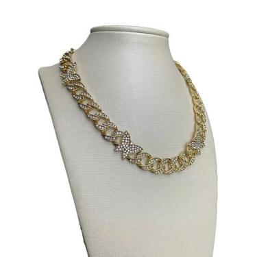 Imagem de Cordão 10mm cravejado borboleta feminino - banhado a ouro 18k - Tojoia