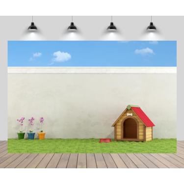 Imagem de CHNYWORK 2,1 x 1,5 m para ambientes externos, casa de cachorro, cabana de madeira, telhado vermelho, prado, verde, cerca branca, flores, céu azul, cenário, aniversário, cães, decoração de festa,