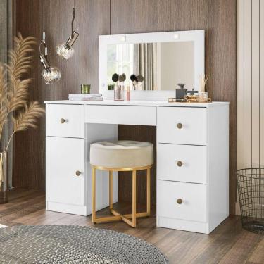 Imagem de Penteadeira Camarim com Espelho Led 121x122cm 5 Gavetas 1 Porta Sonhos Moval Branco