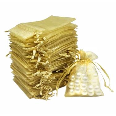 Imagem de SIAGCRAW 100 unidades de bolsas de organza douradas, bolsa pequena de malha de 7 x 9 cm, bolsas de presente transparentes para joias, doces, lembrancinhas de festa de casamento, pequenos presentes