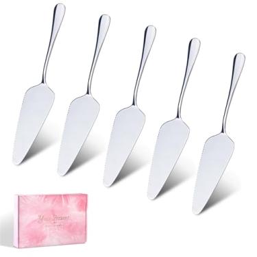 Imagem de RETON Conjunto de 5 unidades de servidor de torta, cortador de bolo de aço inoxidável, servidor de espátula de pizza, cortador de torta triangular para cortar pizza, bolo, torta, sobremesa (21 cm,