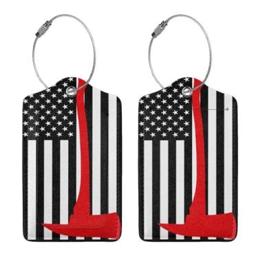 Imagem de 2 peças de etiqueta de bagagem de machado de bombeiro bandeira americana para mala, laço de aço da bandeira dos EUA com etiqueta de identificação de capa de privacidade, presente de aniversário para