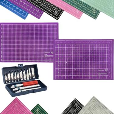 Imagem de Kit Base de Corte A3 45x30cm Patchwork Artesanato Scrapbook Dupla Face Multiuso AutoCura Jogo Estilete de Precisão Profissional 13 Peças (Roxa)