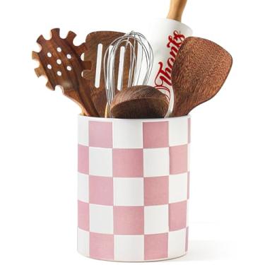 Imagem de Swkien porta-utensílios, porta-utensílios xadrez de 7,2 polegadas, porta-colher/espátula de cerâmica para bancada, decoração de cozinha e acessórios para contagem (roxo)