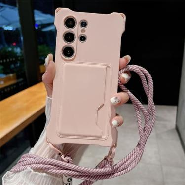 Imagem de Colar crossbody corda silicone macio bolsa de cartão capa de telefone para Samsung S24 Ultra S23 S22 FE A54 5G A53 capa de carteira com suporte de cartão, rosa, para Samsung A54 5G