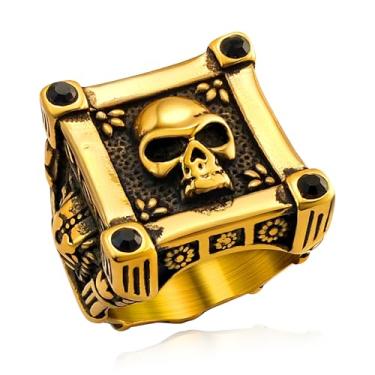 Imagem de Hoyazvet Anéis de caveira masculinos, aço inoxidável 316L/ouro 18 k/joias góticas pretas com caixa de presente, Aço inoxidável, Sem pedra preciosa