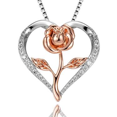 Imagem de Colar com pingente de coração rosa para mulheres, presentes de Natal, colar com pingente de rosa 14K ouro rosa branco 5A zircônia cúbica mãe rosa flor colar joia com caixa de presente para meninas vovó presente gravado amor um colar de flor de prata esterlina 925 Prata