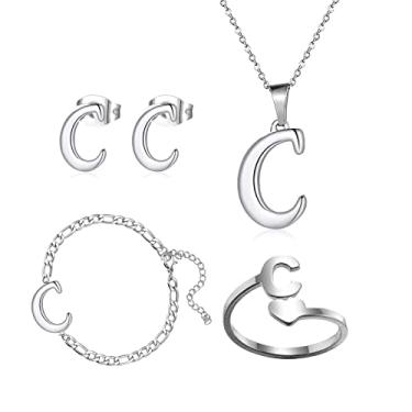 Imagem de Loqimu Pacote com 4 conjuntos de joias iniciais de aço inoxidável para mulheres, anéis de prata, pulseiras, brincos com pingente, colar, gargantilha maiúscula, corrente, brincos de orelha, presente