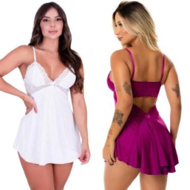 Imagem de Kit 2 Camisola Feminina Decote Nas Costas Sensual Com Renda Sem Bojo L