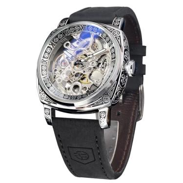 Imagem de FORSINING Relógios masculinos, relógio mecânico retrô quadrado esculpido, esqueleto automático, pulseira de couro vintage, Preto