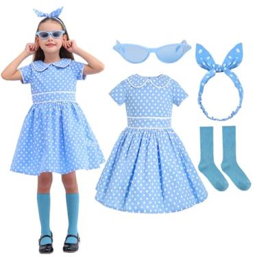 Imagem de Leadtex Vestido vintage Audrey Roakabilly da década de 1950, retrô, festa, evasê, algodão, com faixa de cabeça, meias, óculos (azul sem anágua, 11 a 12 anos)