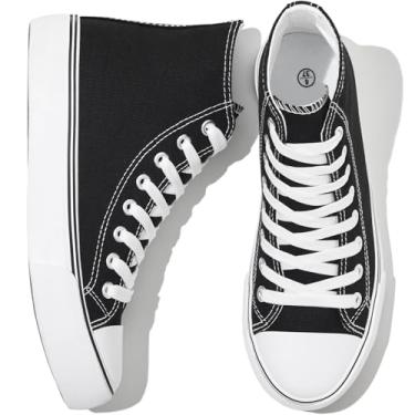 Imagem de kufeiti Tênis feminino de lona de cano alto com cadarço branco preto tênis casual caminhada, Preto simples (sem zíper lateral), 41