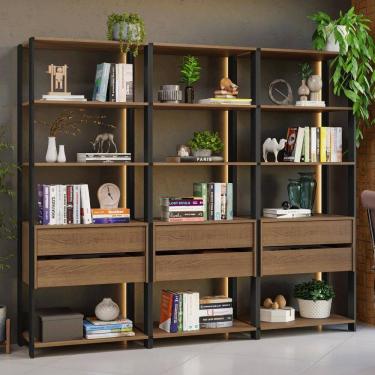 Imagem de Estante Armário Multiuso para Livros 6 Gavetas 12 prateleiras 210cm Rustic/Preto Madesa