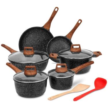 Imagem de Conjunto de Panelas Antiaderente Compatível com Indução, 12 Peças, ESLITE LIFE ES Sets1612, Preto