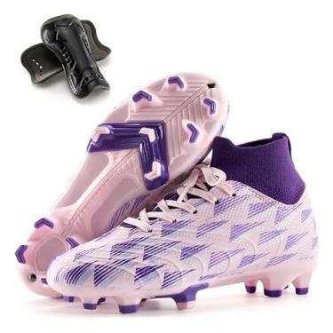 Imagem de PATPAT Chuteiras de futebol infantis, cano alto para uso ao ar livre, firme e gramado, tênis de treinamento de futebol, Rosa/roxo, 10 Toddler
