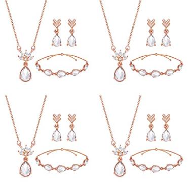 Imagem de Conjunto de joias de dama de honra delicado de gota para mulheres e meninas, conjunto de 1-4-6-8 conjuntos de 18 quilates e ouro rosa e prata cravejado com strass com colar de cristal conjunto de pulseiras presente para casamento/noivado/aniversário, Zinco Metal Vidro, Sem pedras preciosas