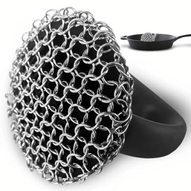 Imagem de Esfregador de ferro fundido 316L Limpador de cota de malha para frigideiras, frigideiras e grelhas, cabo ergonômico e painel grande para limpeza de ferro fundido