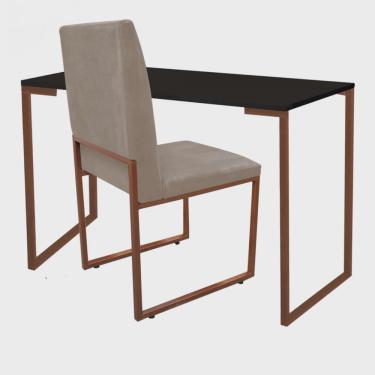 Imagem de Kit Cadeira e Mesa Escrivaninha Escritório Office Stan Industrial Ferro Bronze Suede Bege - Ahazzo Móveis