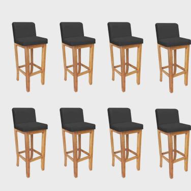 Imagem de Kit 08 Banqueta Alta Com Encosto Aila Balcão Bistrô Base Madeira Maciça Corino Preto - Ahz Móveis
