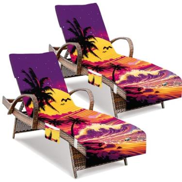 Imagem de 2 peças de capa de toalha para espreguiçadeira de pôr do sol, capas de cadeira de praia de coqueiros, capa de espreguiçadeira com bolsos para piscina, banhos de sol, praia, jardim, pátio, viagens ao