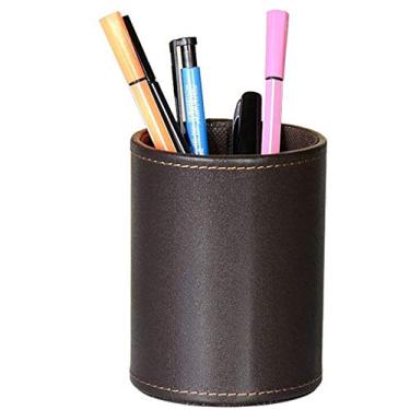 Imagem de Porta-lápis redondo organizador de mesa de couro acessórios de mesa de escritório 10,5 x 8,5 cm preto/marrom (cor: marrom) (preto) super conveniente (marrom) (marrom)