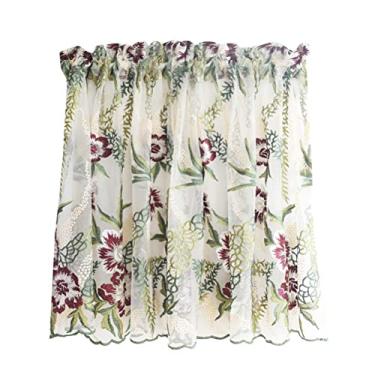 Imagem de LUOFDCLDDD Cortina curta corpo de cálculo cortina de cozinha floral bordado estilo rural Voile cortina curta Rod Pocket pequeno tratamento janela 1 painel/W * H 200 * 120 cm