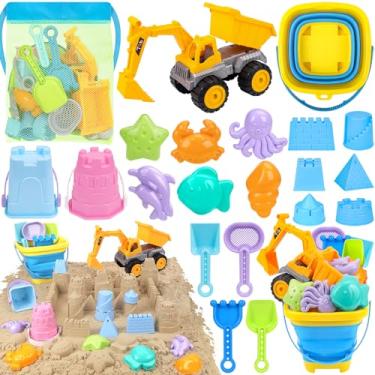Imagem de FHOZGECY Brinquedos de praia, brinquedos de areia para crianças de 1 a 3 anos, brinquedos de caixa de areia com caminhão de praia 2 em 1, balde de areia dobrável, kit de construção de castelo de areia